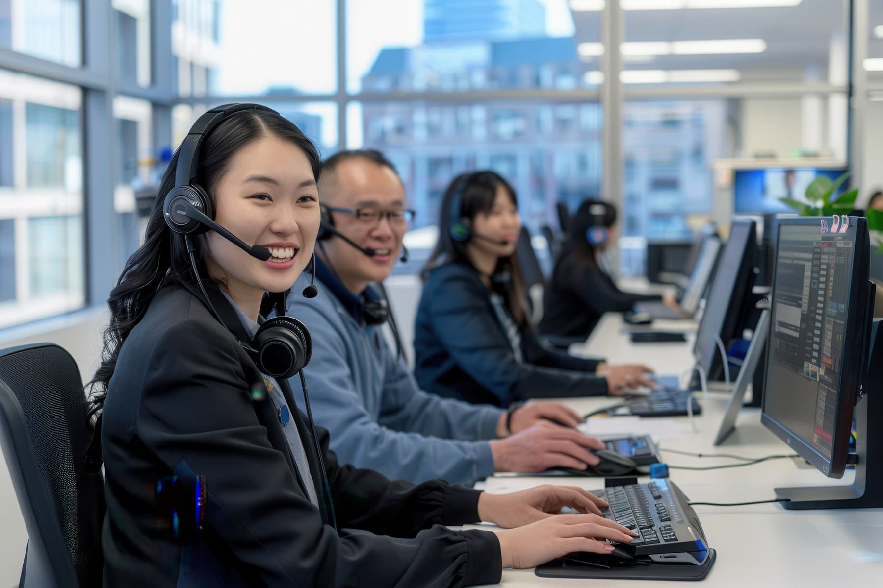 People in headsets at a row of monitors in a bright office